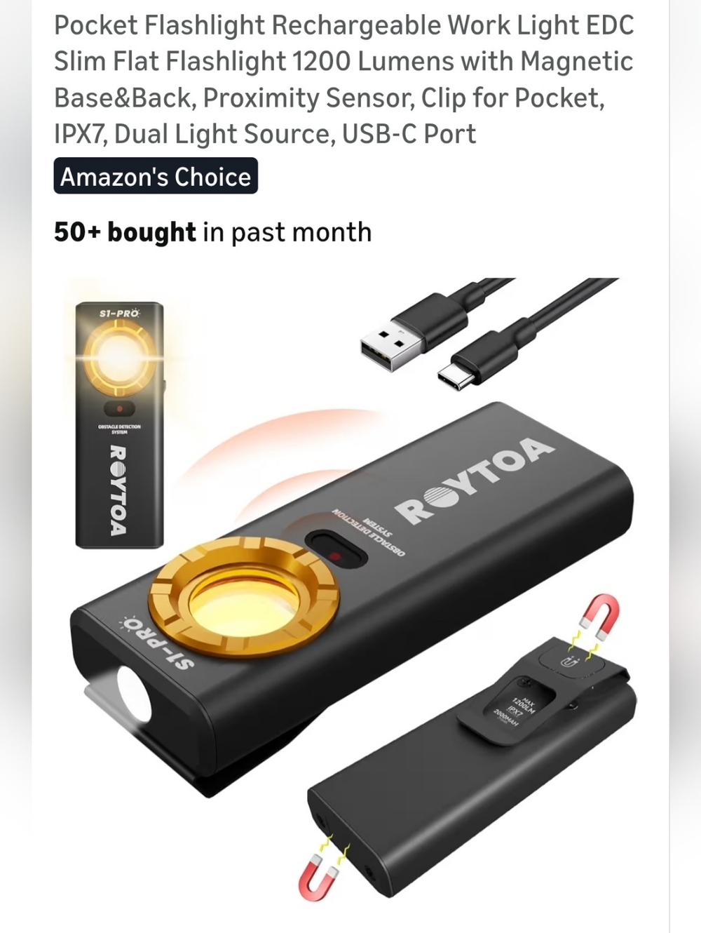 ROVTOA USB-C Rechargeable Pocket Flashlight - Black & Gold